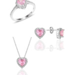 Pembe Kuvars Taşlı Kalpli  Set 925 Ayar Gümüş