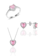 Pembe Kuvars Taşlı Kalpli  Set 925 Ayar Gümüş