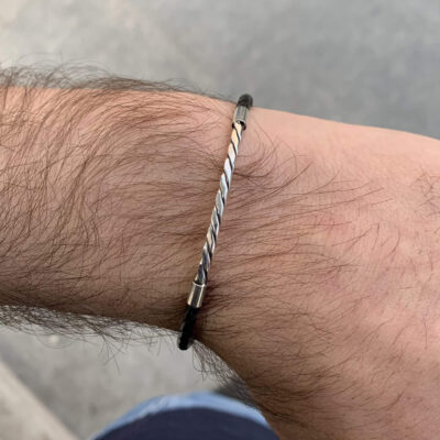 Siyah Derili  Ezme Burgu Bileklik 925 Ayar Gümüş (Gümüş)